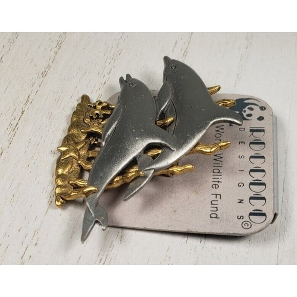 Vintage JJ Jonette Two Playful Dophins Swimming in Seaweed Brooch Pin - Picture 4 of 10